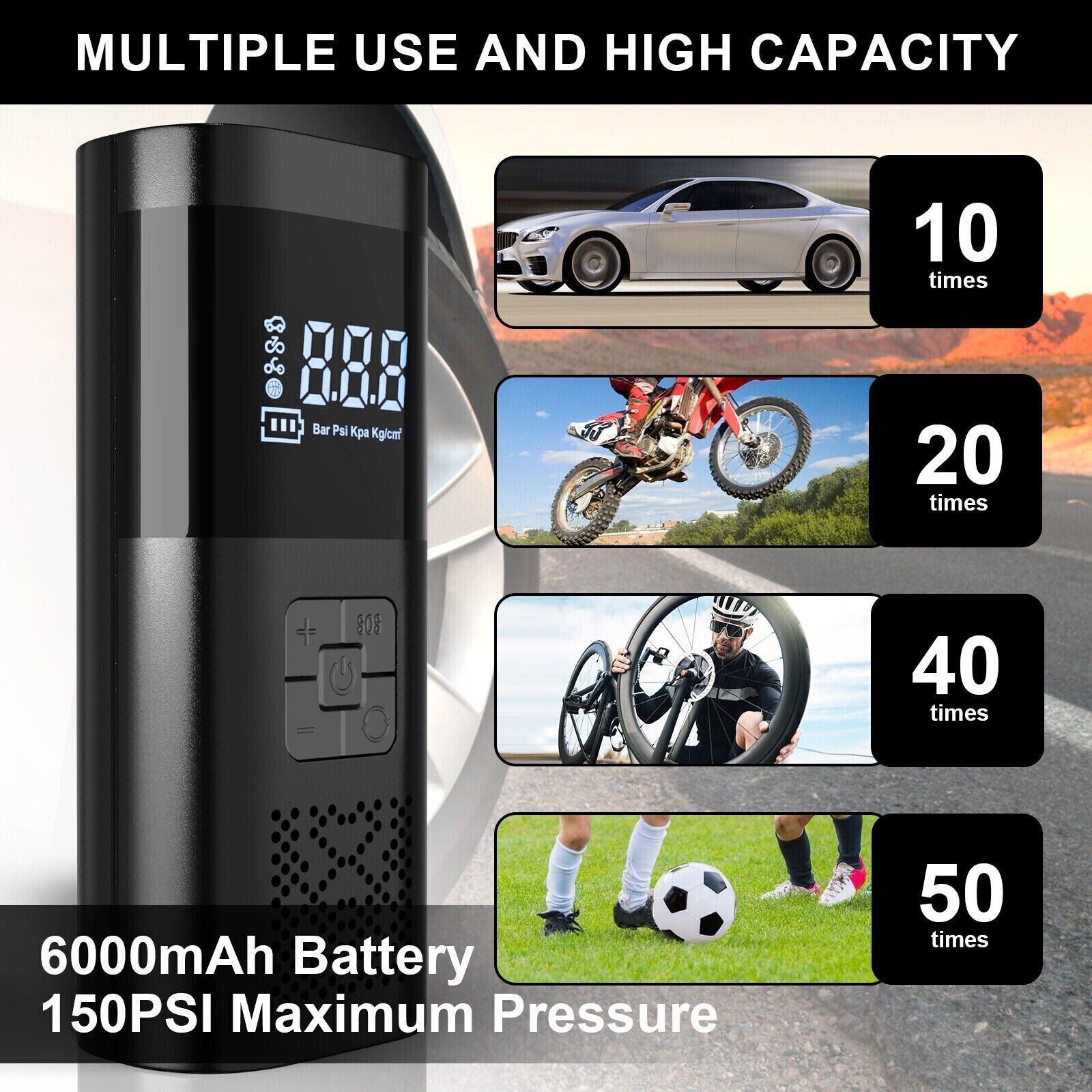 150 PSI Air Compressor Tire Inflator Fits Car Moto Bike Tires Air Pump Portable