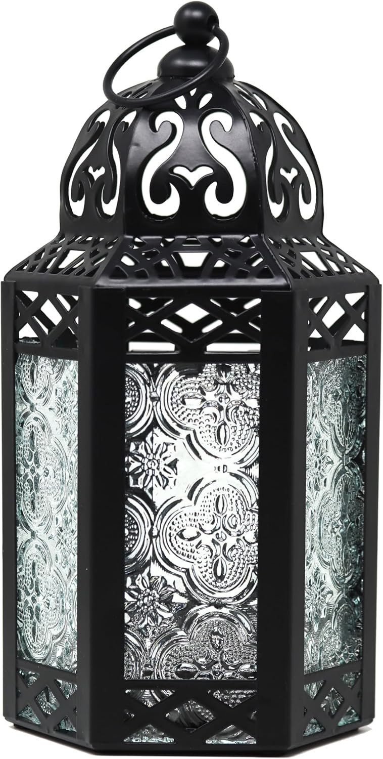 8.5in Moroccan Candle Lantern – Elegant Black Iron & Glass Centerpiece
