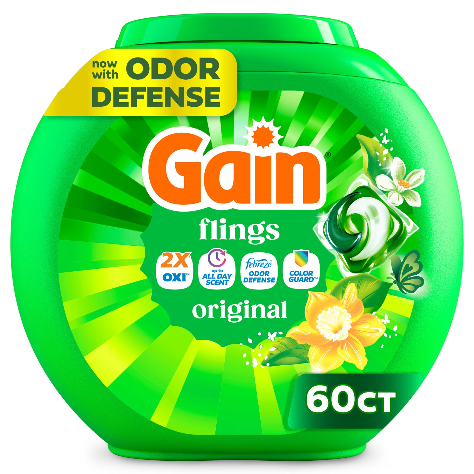 Flings Laundry Detergent Soap Pacs, 4-In-1 Oxi Boost and Febreze, 60 Count