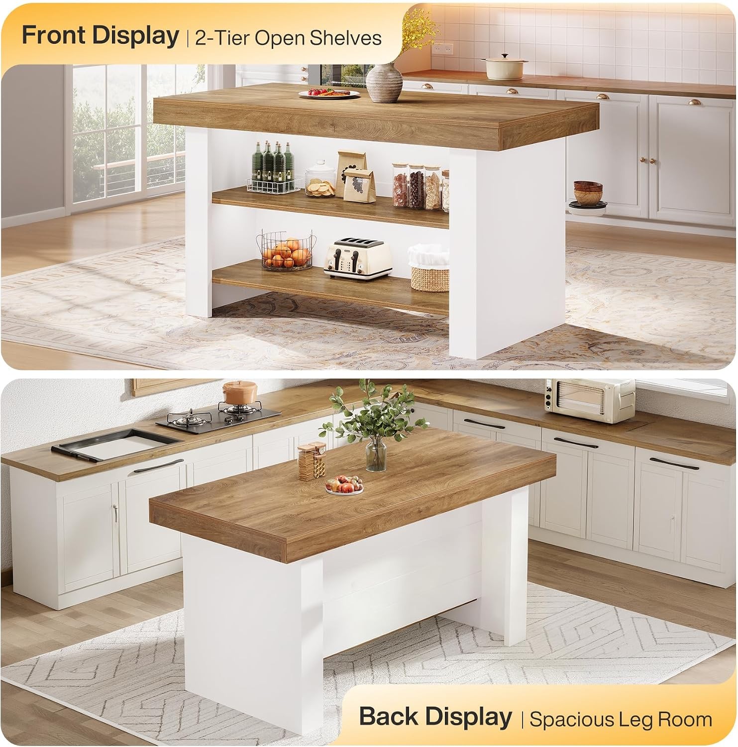 55″ Kitchen Island with 2 Tier Storage,Farmhouse Center Island Table for Kitchen