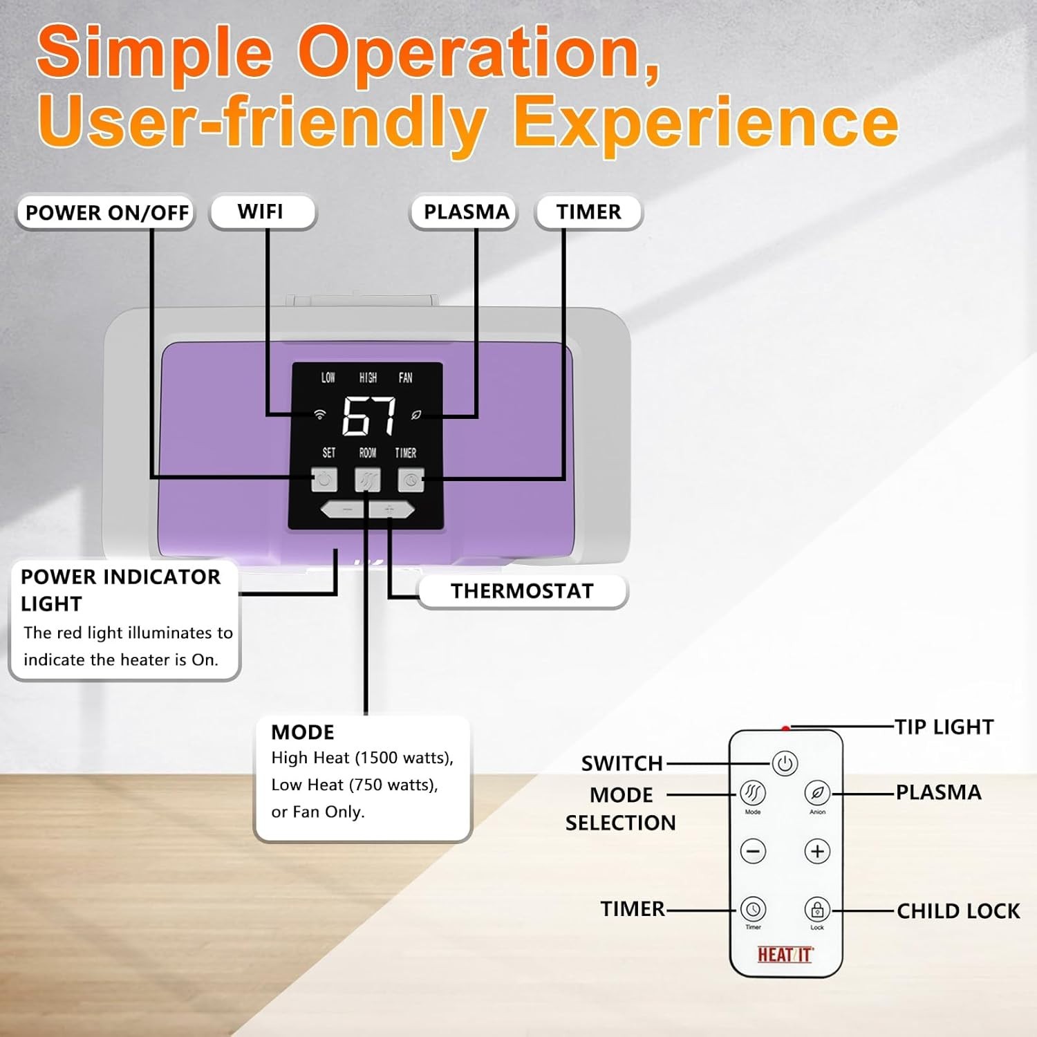 Digital Remote Control Space Heater with Timer – 1500W/750W Power