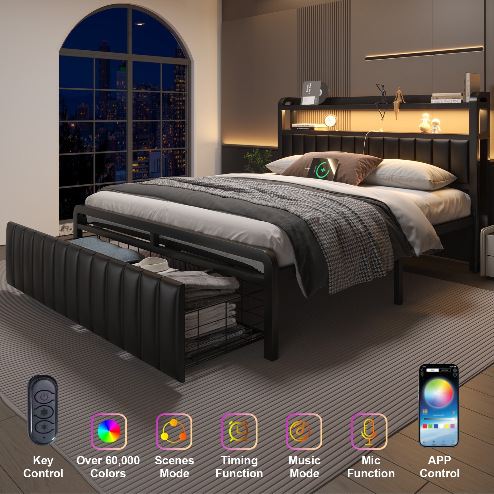 Full Queen LED Bed Frame with Charging Station&Upholstered Storage Headboard