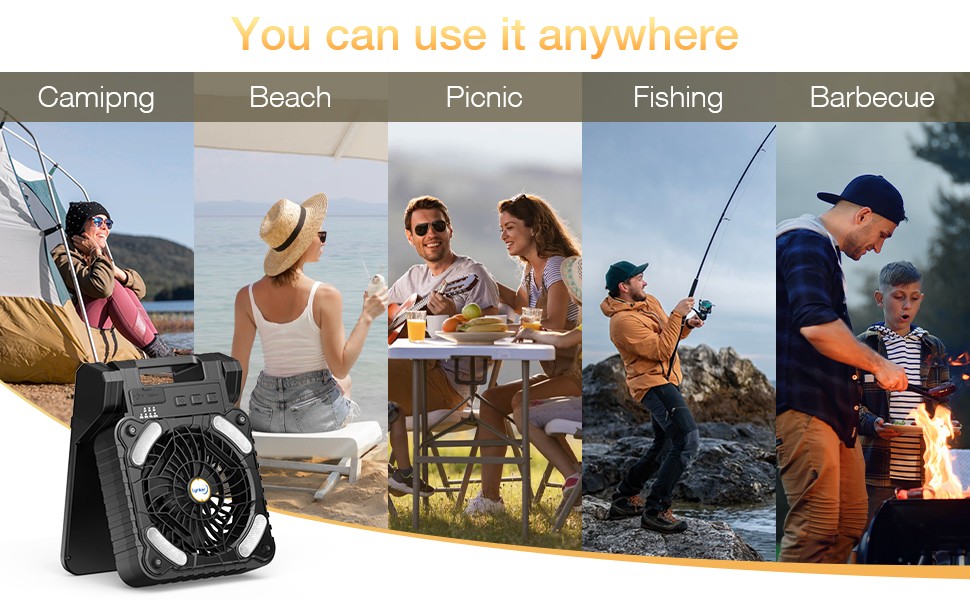 Solar Camping Fan Portable Powerful Quiet 4 Speed Levels with LED Light Timer