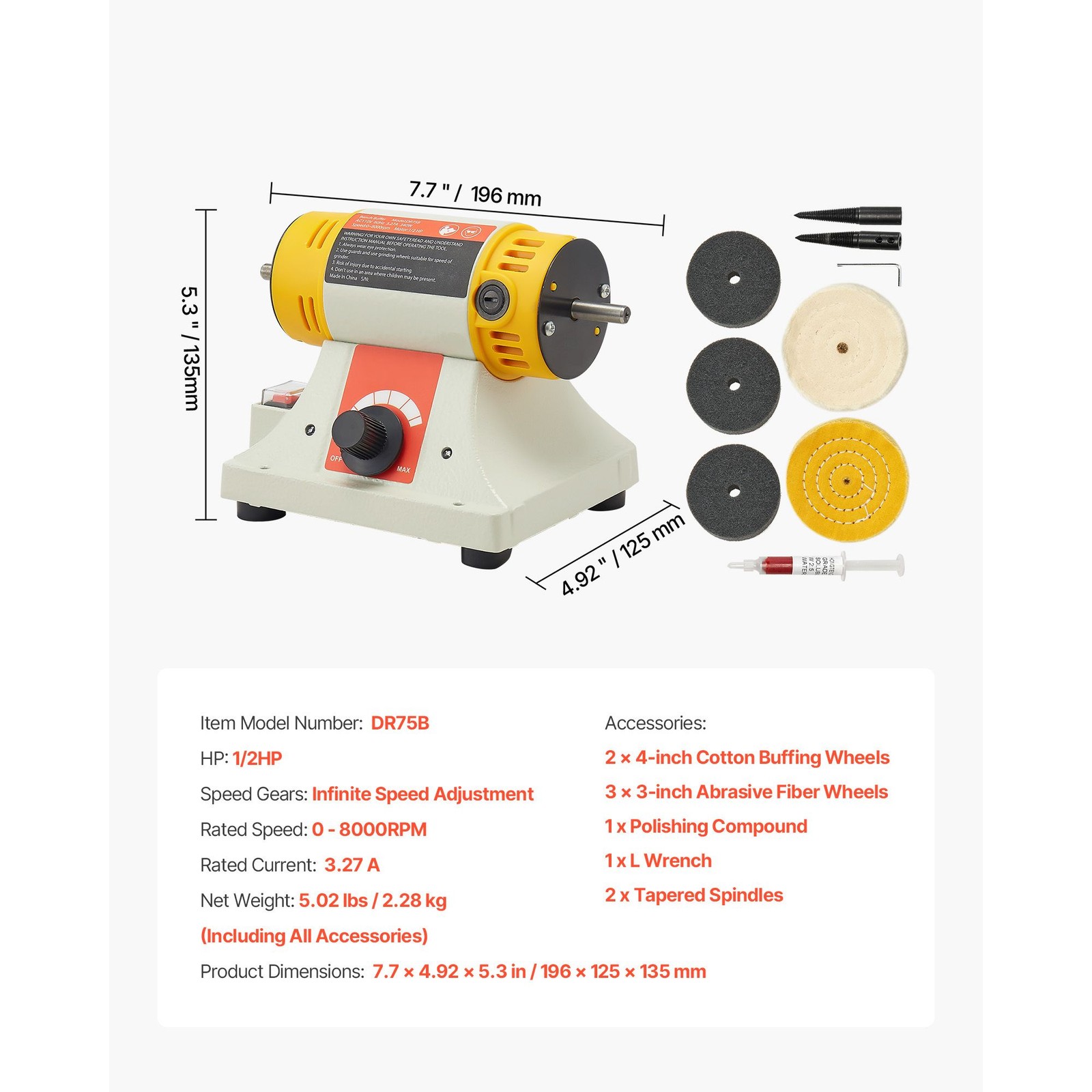 Bench Buffer Polisher, 1/ 2HP Polishing and Buffing Machine, 0 to 8000RPM