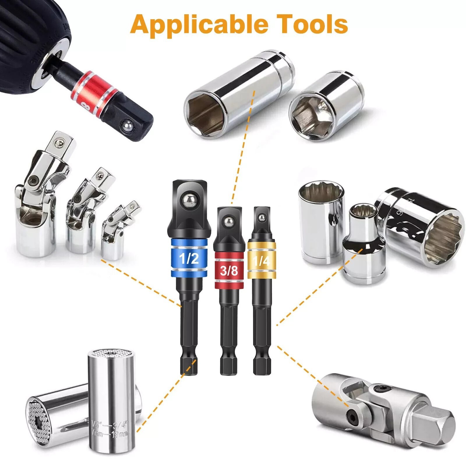 ✔️Socket Adapter Impact Hex Shank Drill Bits Set 1/4″ 3/8″ 1/2″+105° Right Angle