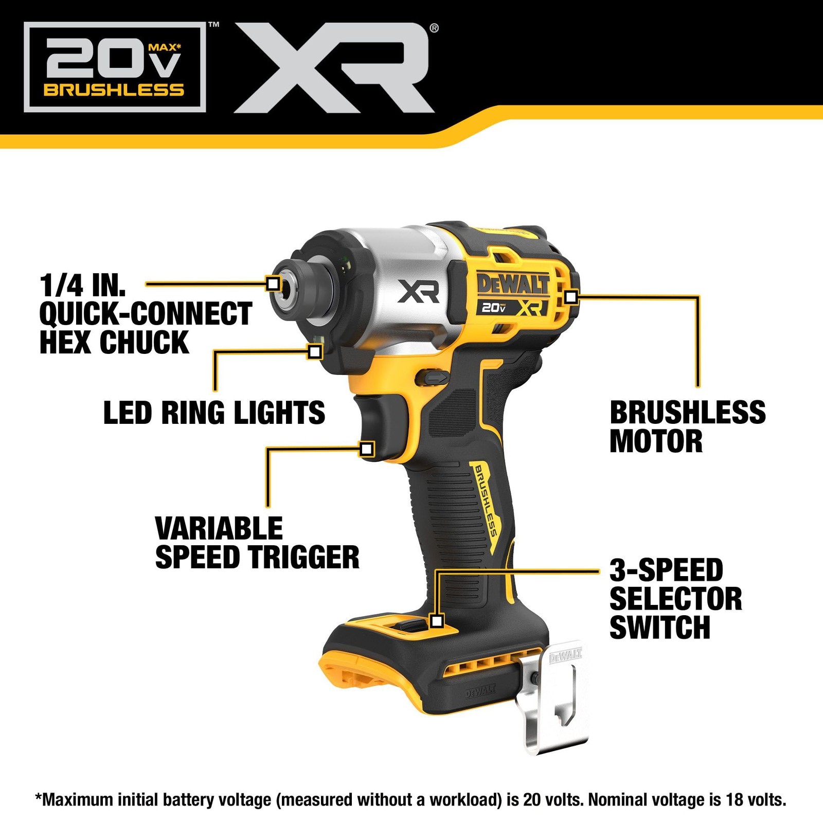 DEWALT 20V MAX XR Impact Driver, 1/4 Inch High Torque One Size, Black,yellow