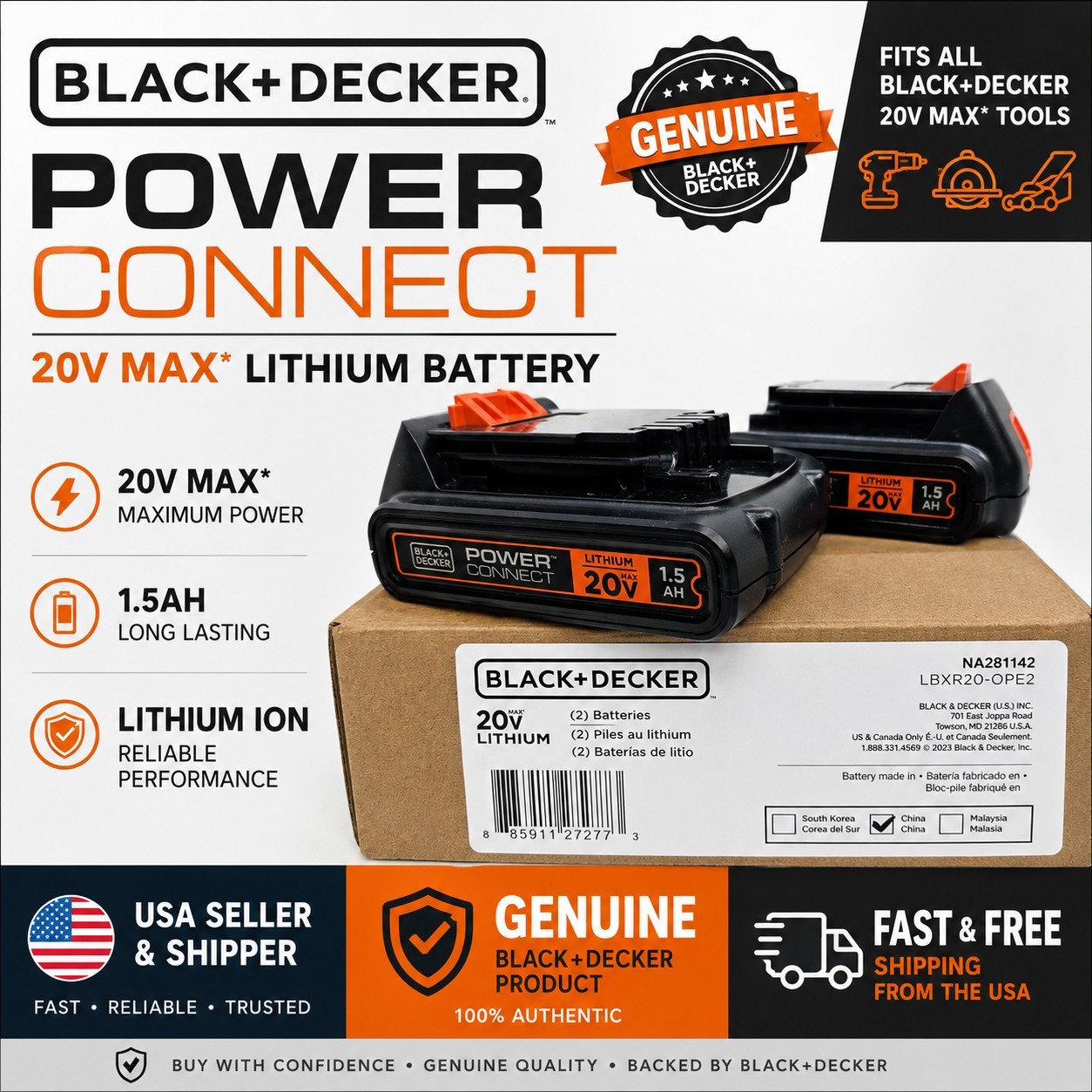 BLACK+DECKER 20V MAX Lithium Battery 2-Pack LBXR20-OPE2 Genuine OEM 1.5Ah Batter