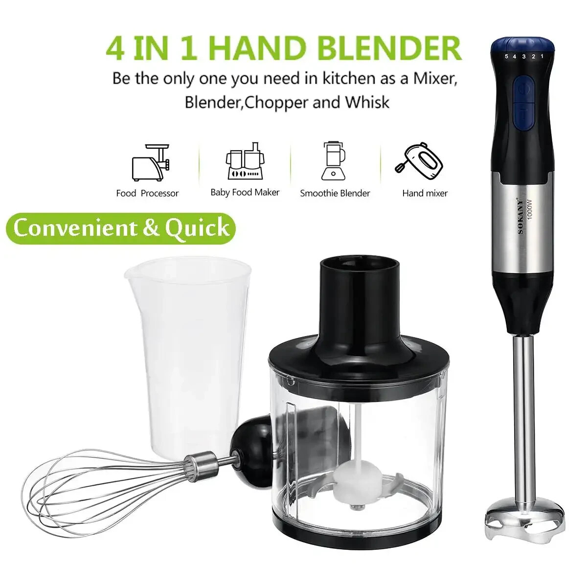 1000W 5 Speed 5 In 1 Immersion Electric Hand Blender Stick Chopper Mixer Juicer
