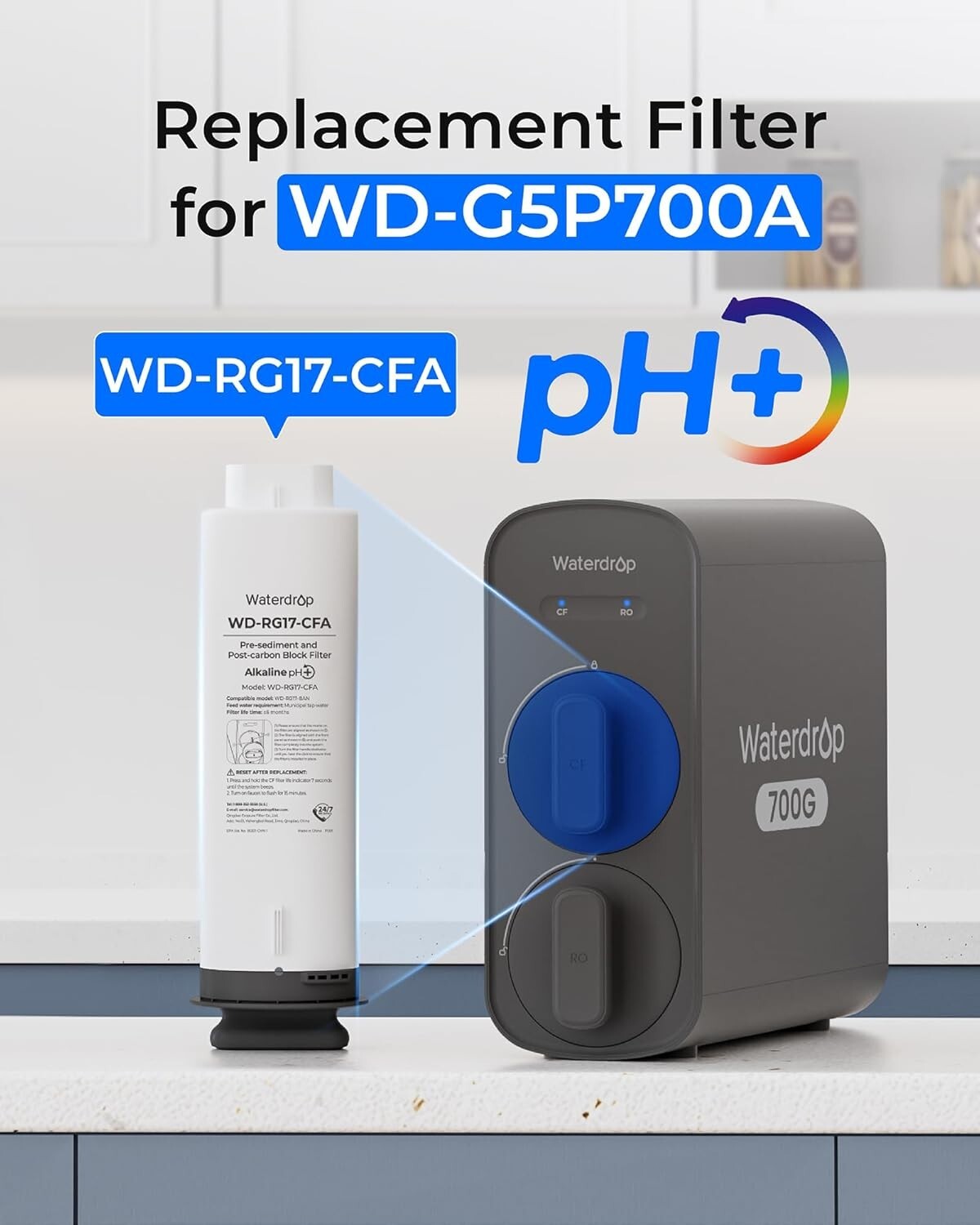 Waterdrop WD-G5P700A-CF Filter, Replacement for WD-G5P700A, 6-month Lifetime