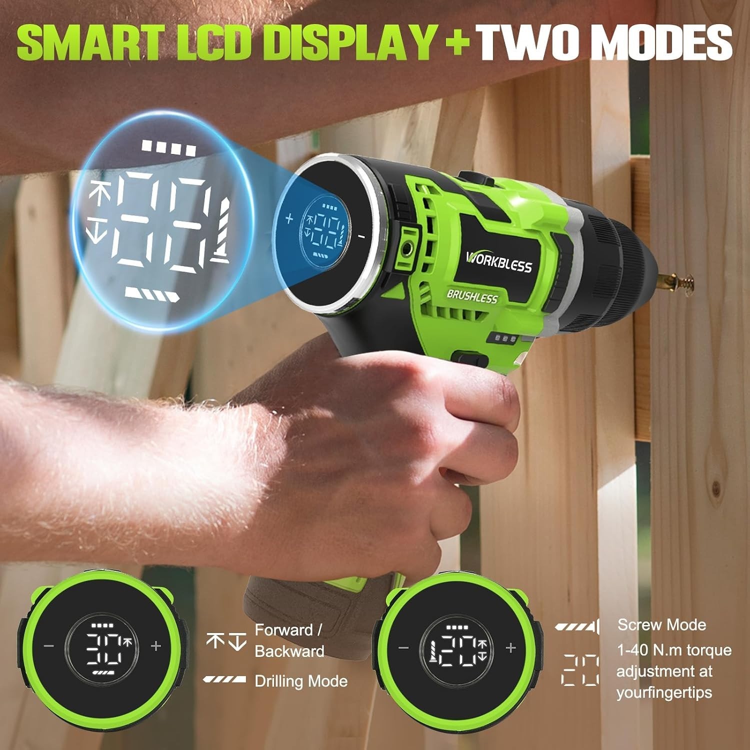 WORKBLESS 12V Cordless Power Drill Set w/ LCD Smart Display 18pc Drill Bits NEW
