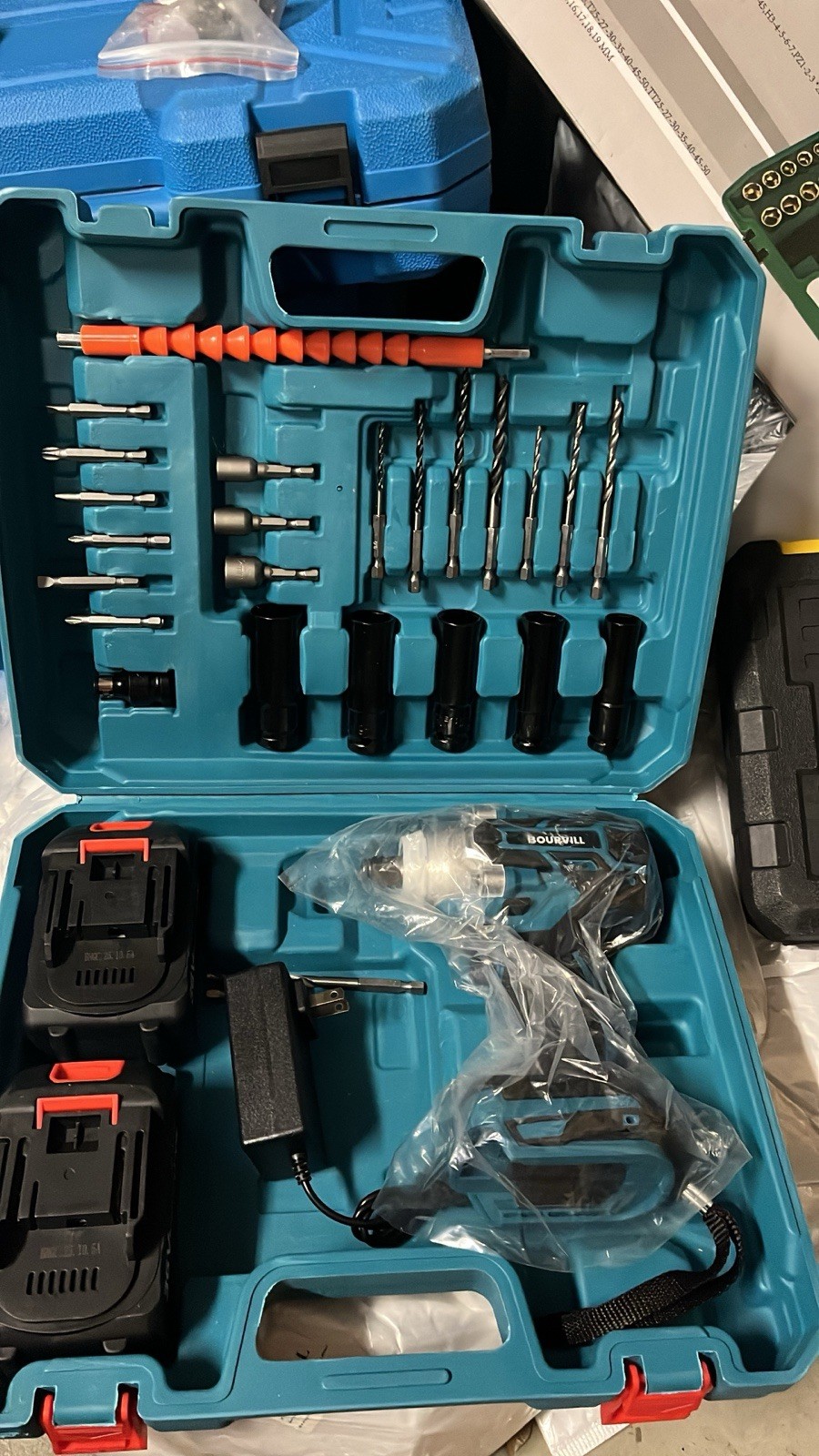 BOURVILL Cordless Drill Set, 2 Batteries, Compact, 18 Accessories, Carry Case