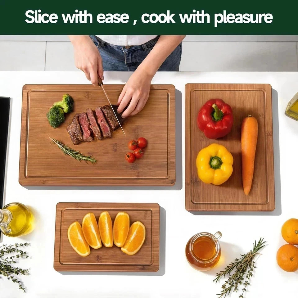 Cutting Board Bamboo for Kitchen Crack Resistant Wood Chopping Boards Set 3Piece