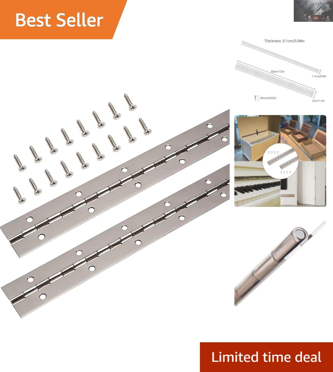 Durable 12” Stainless Steel Piano Hinges – Rust-Resistant with Mounting Screws