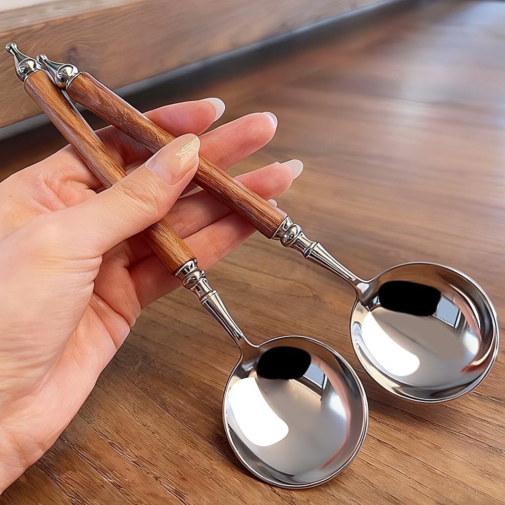 2Pcs Round Spoon Imitation Wood Handle Ice Cream Dessert Coffee Soup Spoons