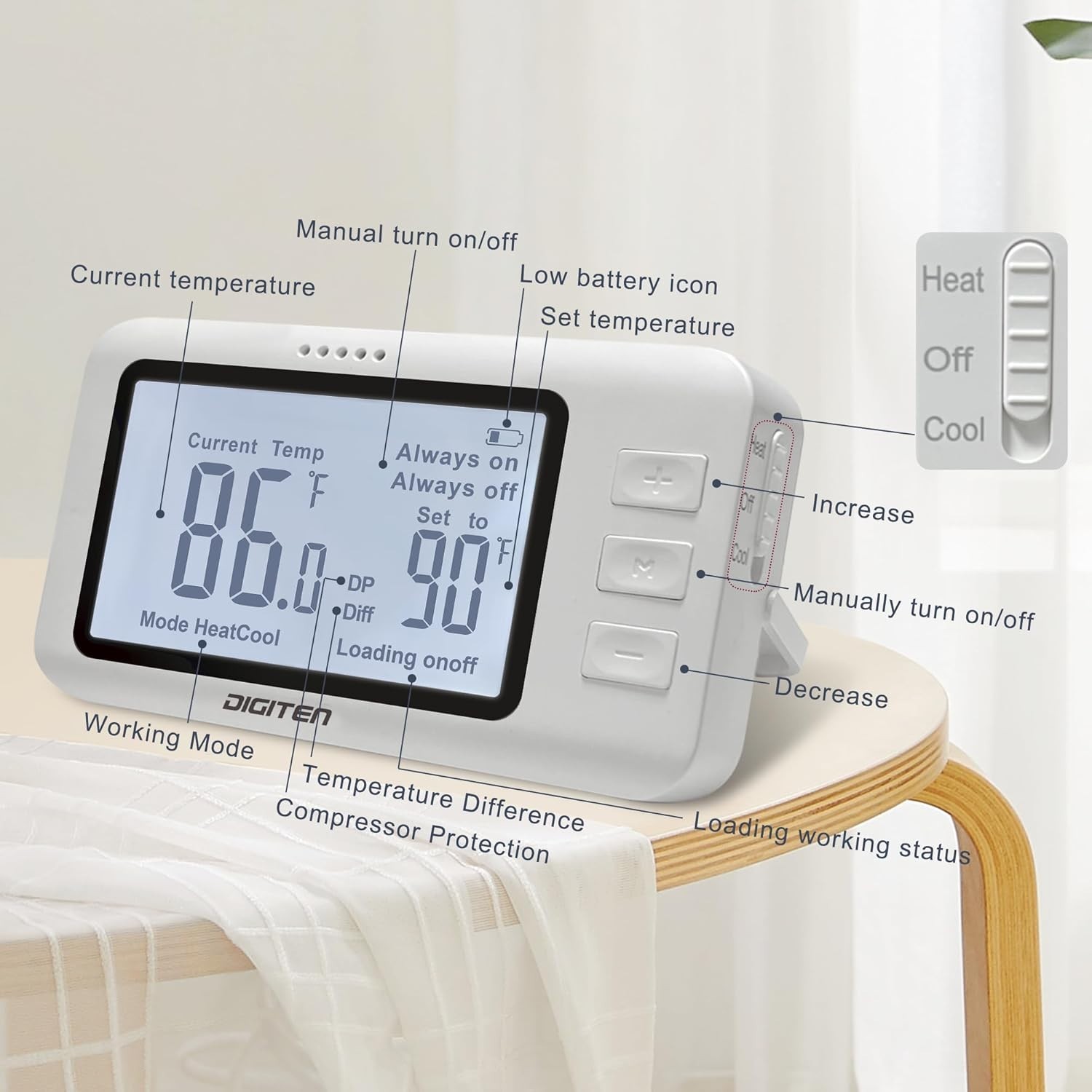 Wireless Thermostat Outlet Digital Remote Control 1800W for Heating Cooling