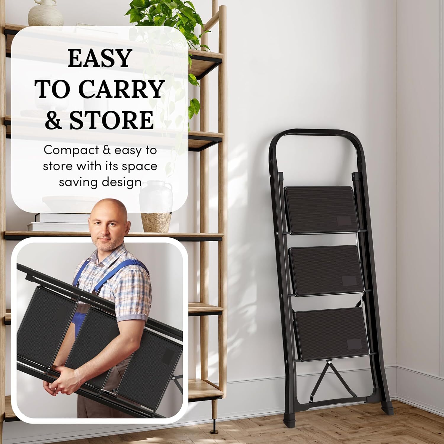 Steel Folding 2/3 Step Stool Ladder Adults With Soft-Grip Handle 330 Lbs White