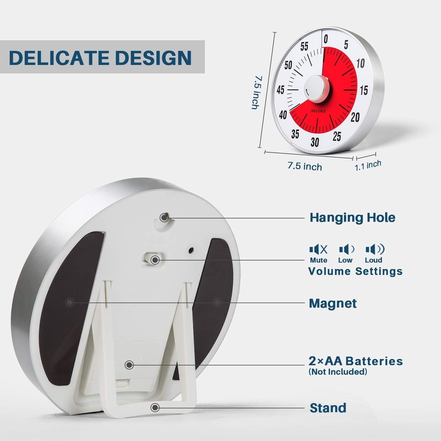 Secura 7.5-inch Visual Countdown 60-Minute Kitchen Timer, Time Management, NEW