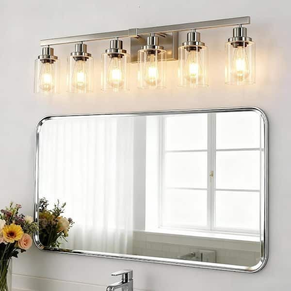 Lasaideal 37 in. 6-Light Brushed Nickel Vanity Light with Clear Glass Shades