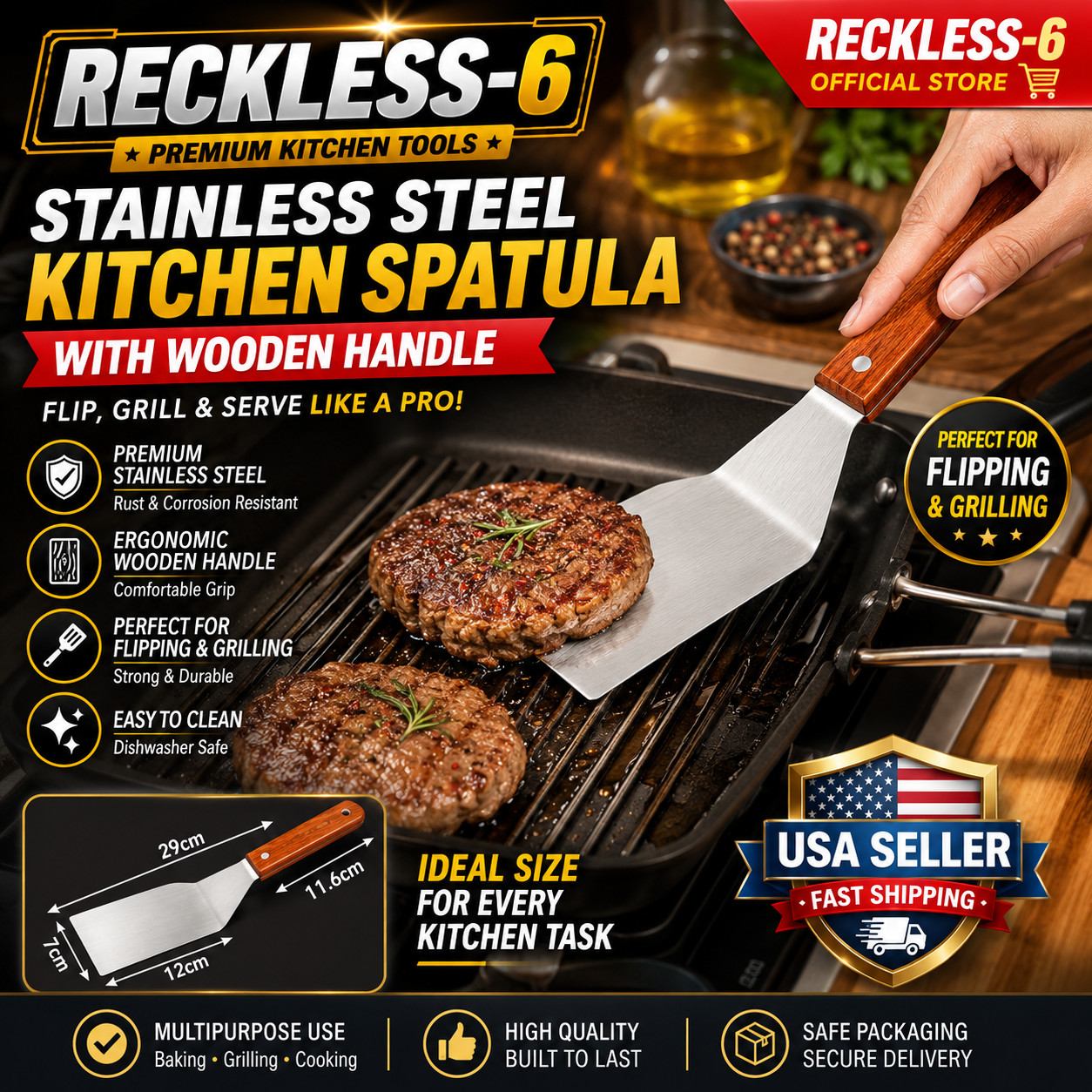 Metal Spatula Beveled Edges, Stainless Steel Spatula with Wood Handle