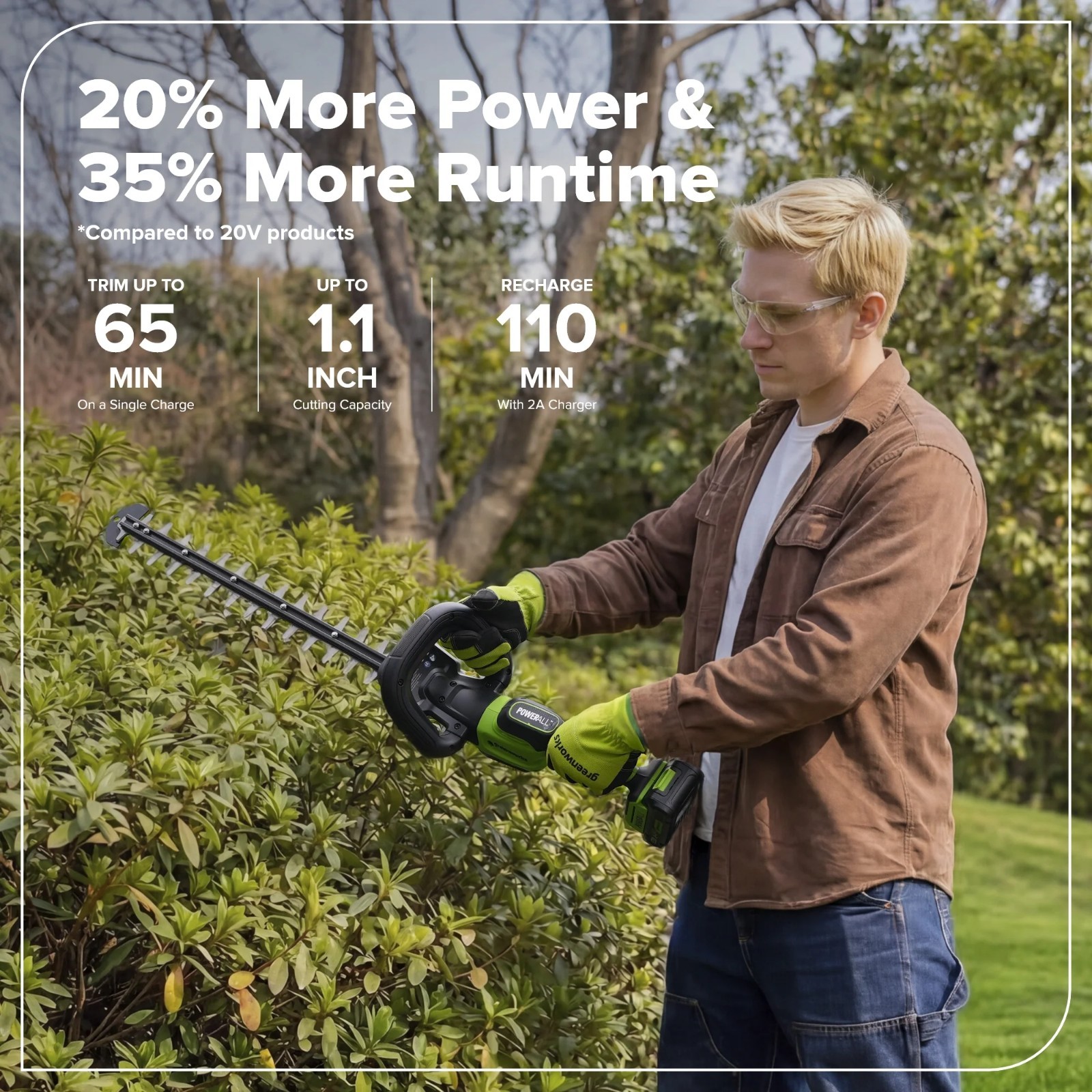 Greenworks 24V 20″ Brushless Hedge Trimmer (1″ Cutting Capacity) w/2Ah Battery