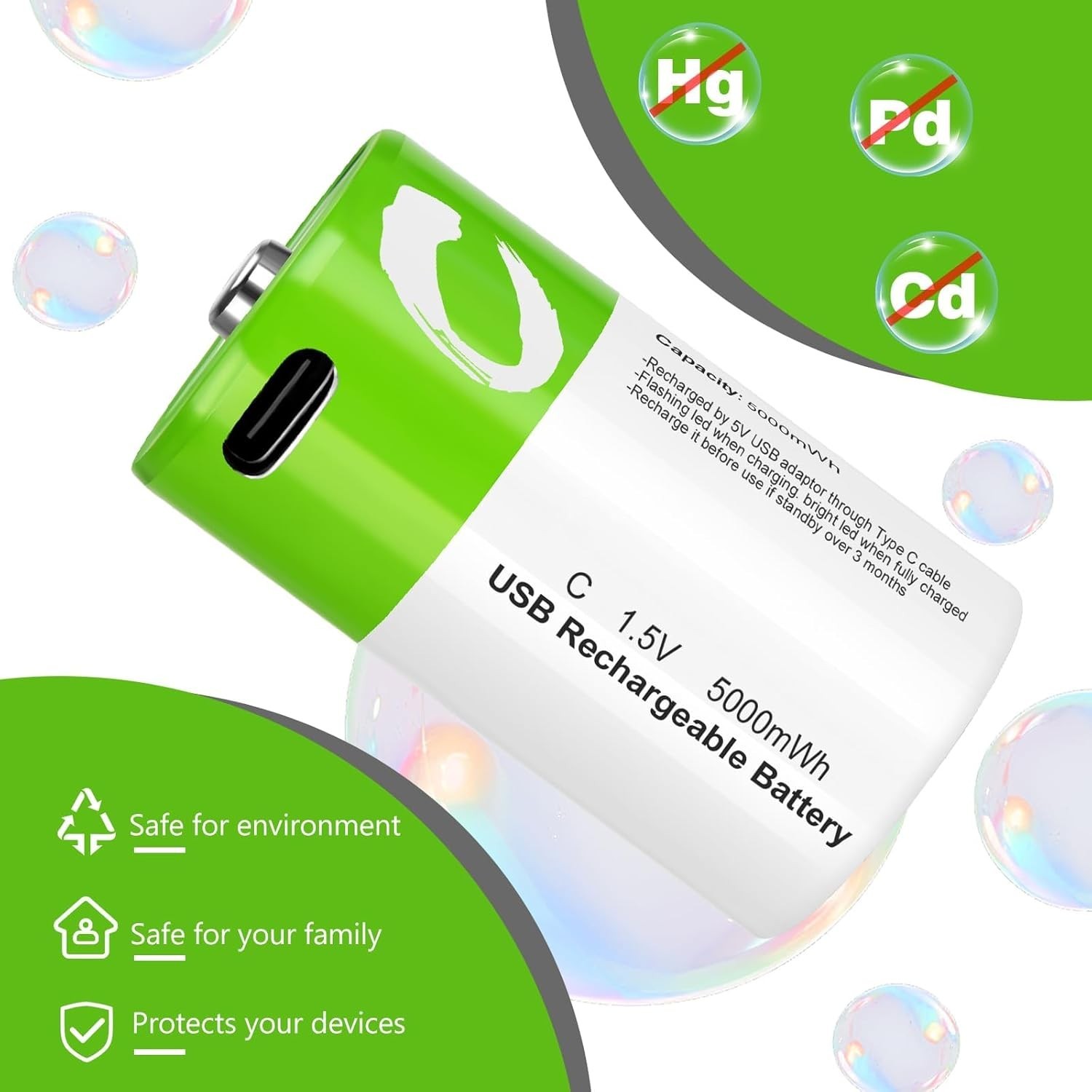 Lithium Rechargeable C Batteries 4 Pack,5000mWh High Capacity 1.5V Li-ion C 4