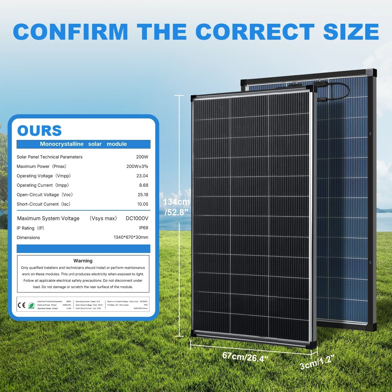 200W Bifacial Solar Panel 18V N-Type Mono PV RV Home Off-Grid Battery