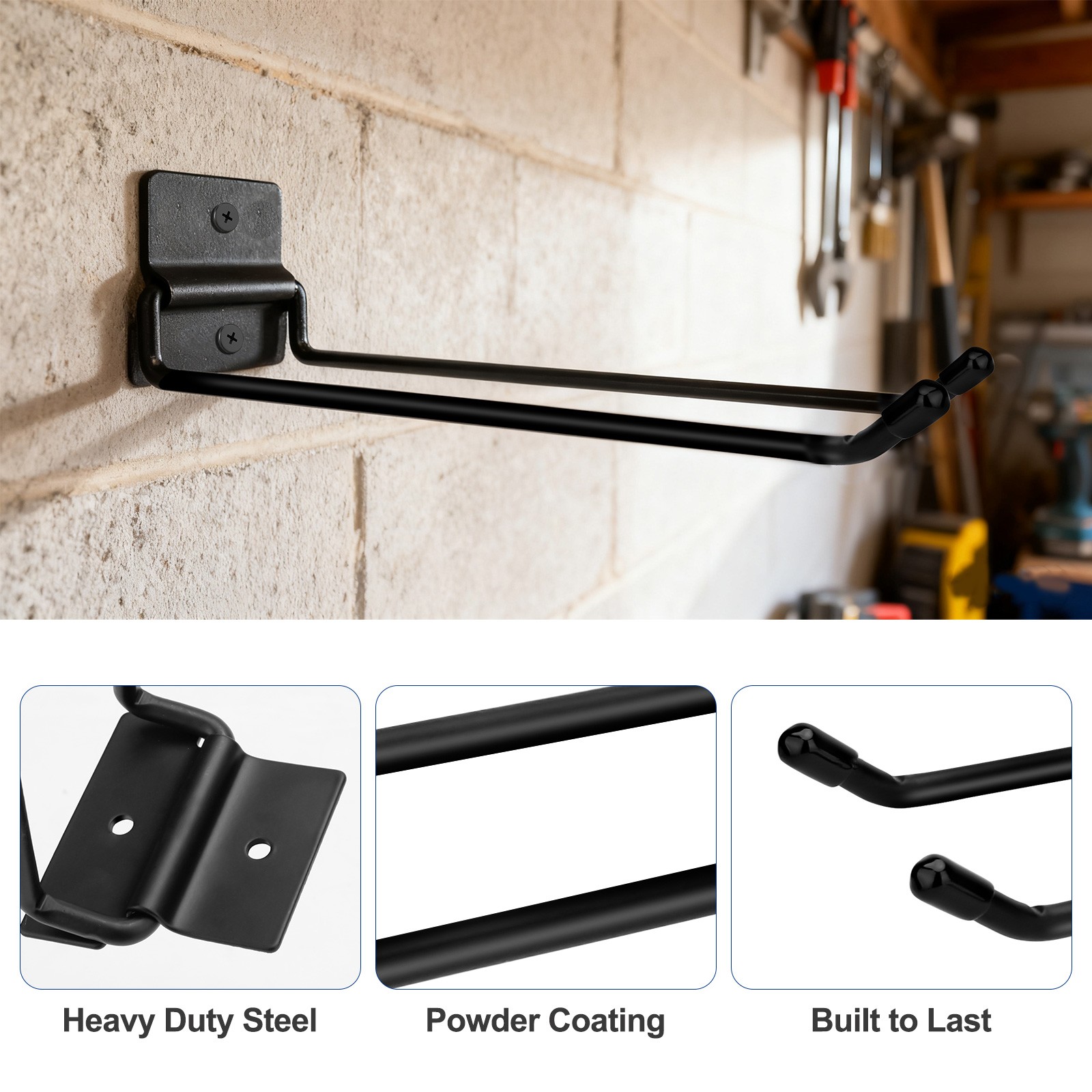 2PCS Heavy Duty Wall Mount Tool Hooks Steel Storage Rack Garage Garden Organizer