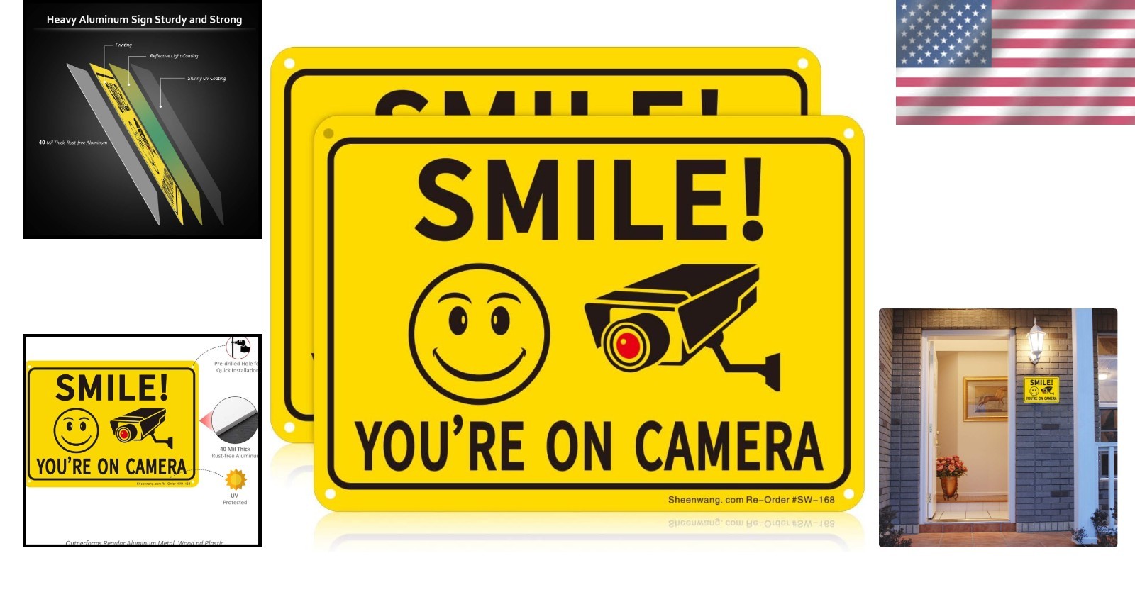 Bright Yellow 10×7 Security Signs – 2-Pack Smiley Face Video Surveillance Alerts