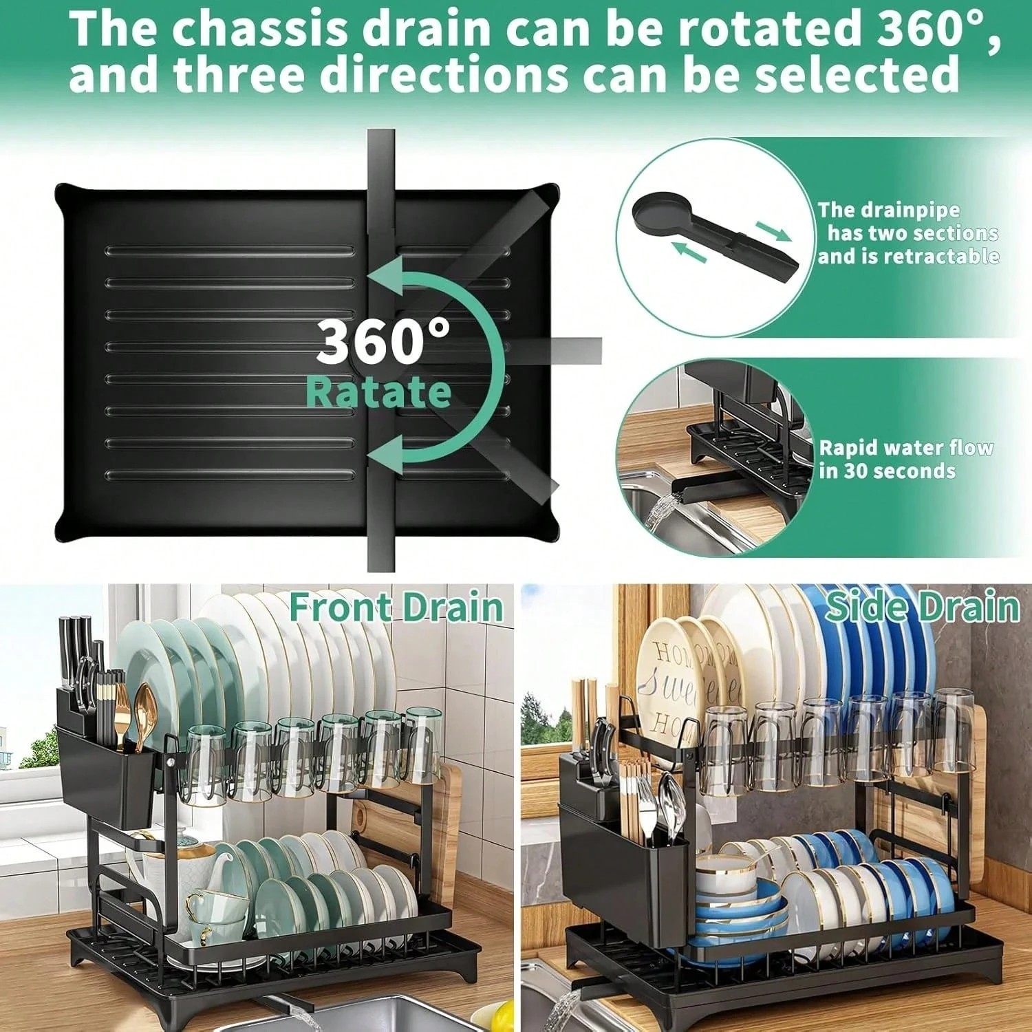 Elegant 2 Tier Black Stainless Dish Rack Stylish Space Saving Kitchen Organizer