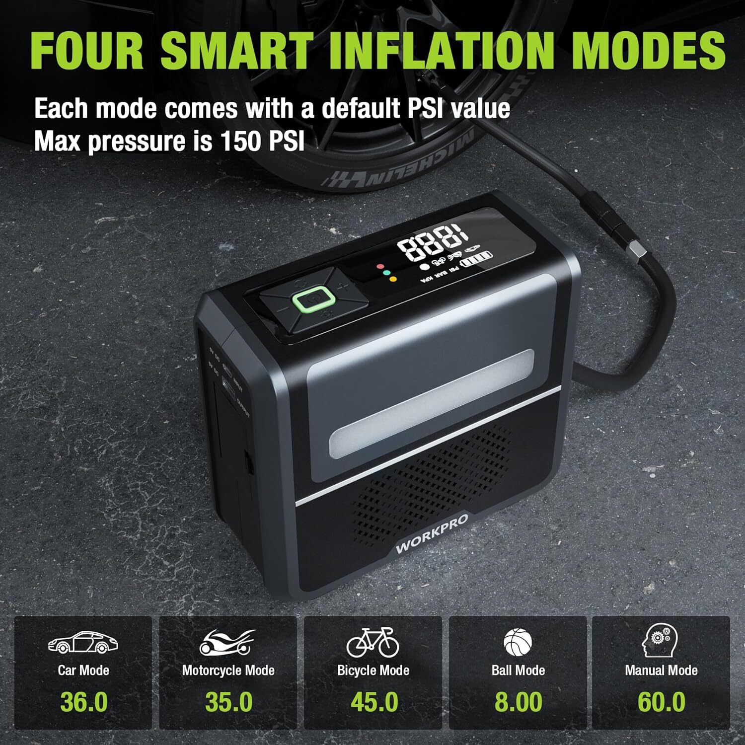 WORKPRO Tire Inflator Portable Air Compressor-12V w/7500mAh Battery150PSI 3-in-1
