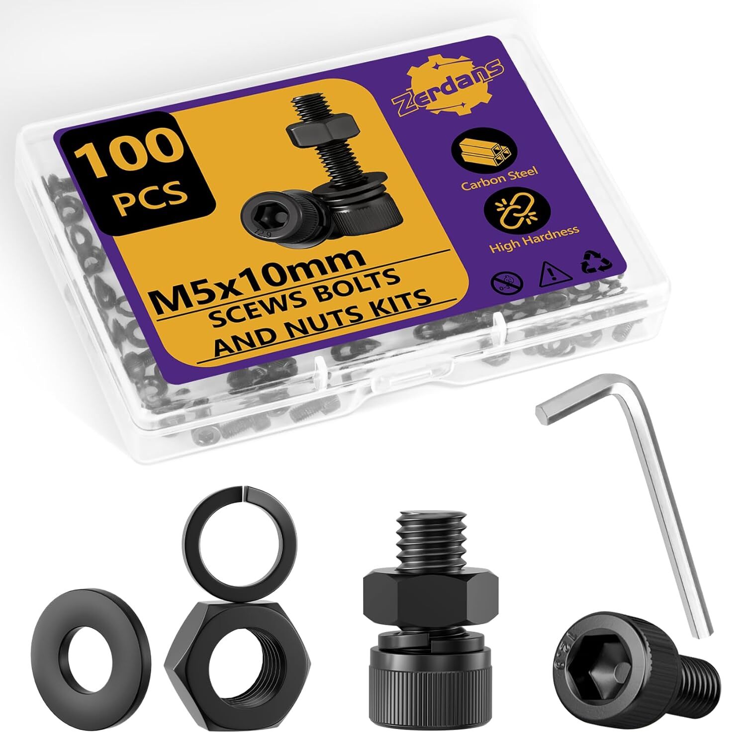 Hex Socket Head Cap Screws Bolts & Nuts Assortment Kit with Lock & Flat Washers