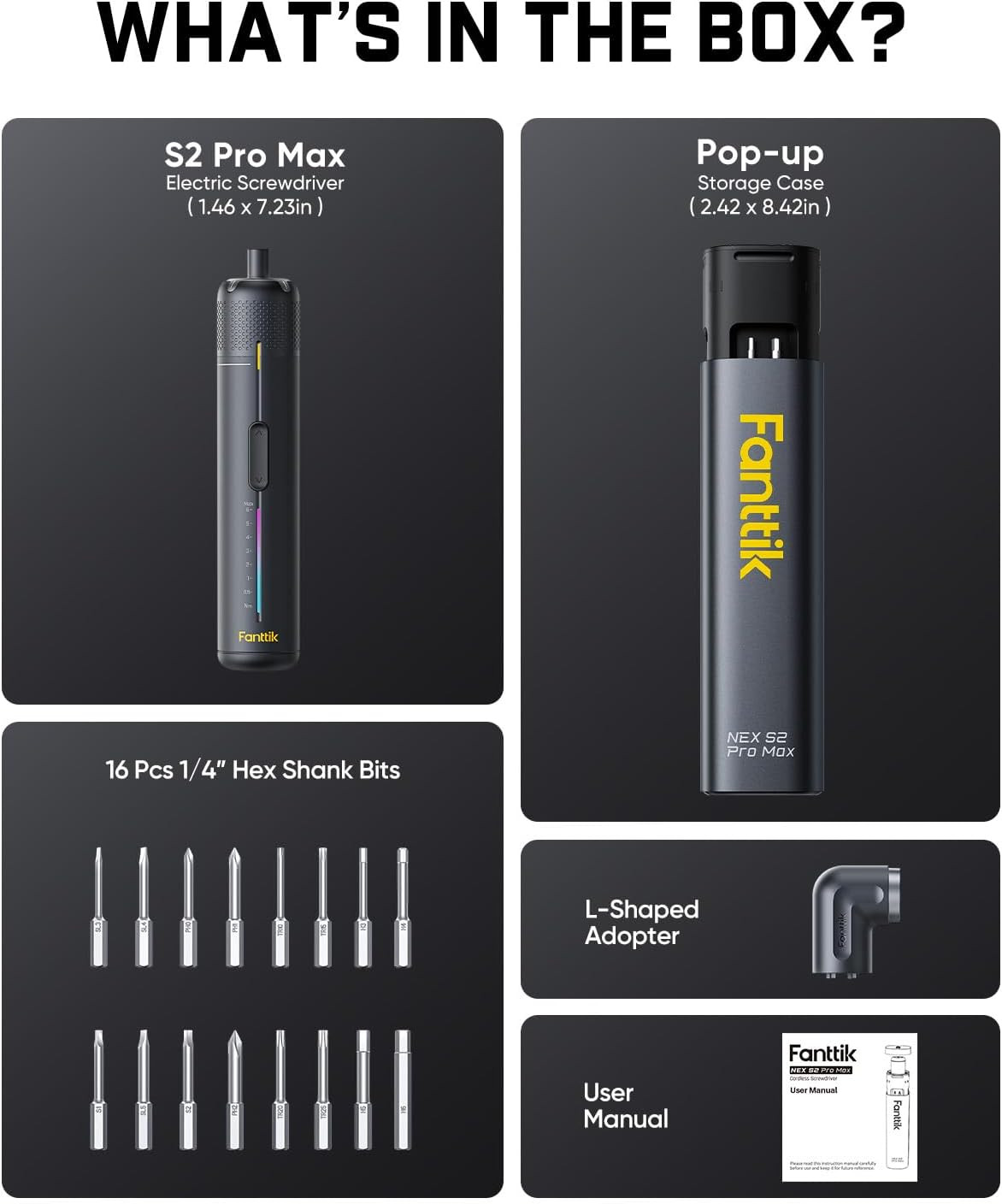 Fanttik S2 Pro Max Electric Screwdriver, Cordless Screwdriver Set, 7 Torque Sett