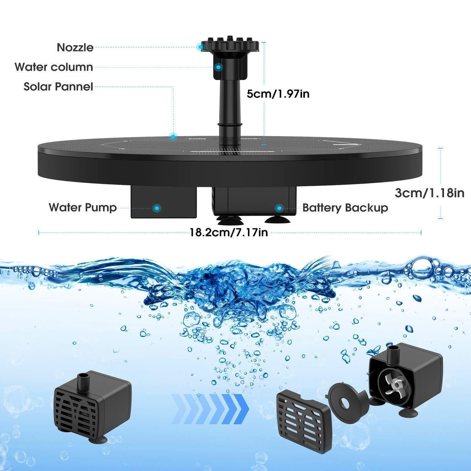 Solar Fountain Pump 6 Spray Effects 3.5W Panel 1500mAh Battery for Pond Pool