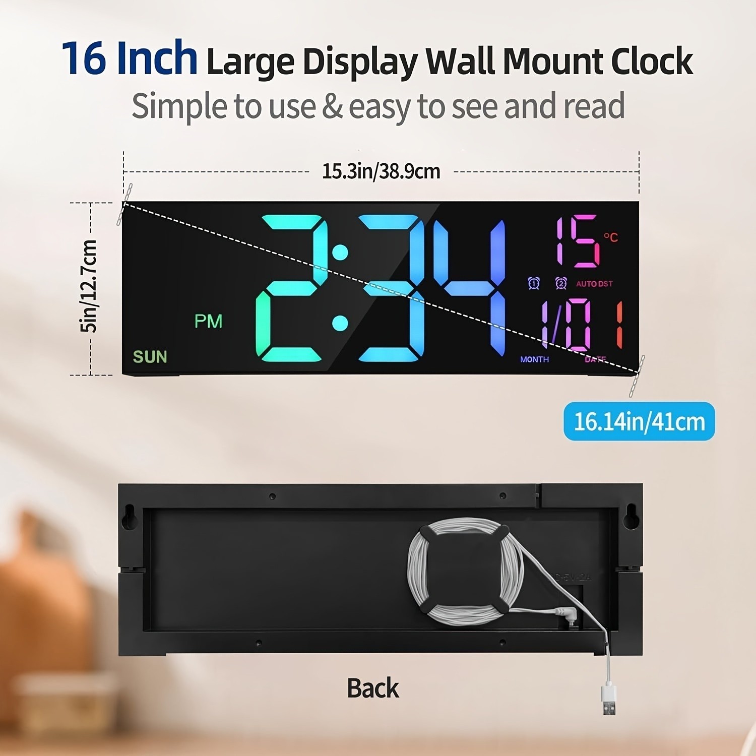 16” Large Digital Wall Clock with Remote Control Big LED Dual Alarm 8 RGB New