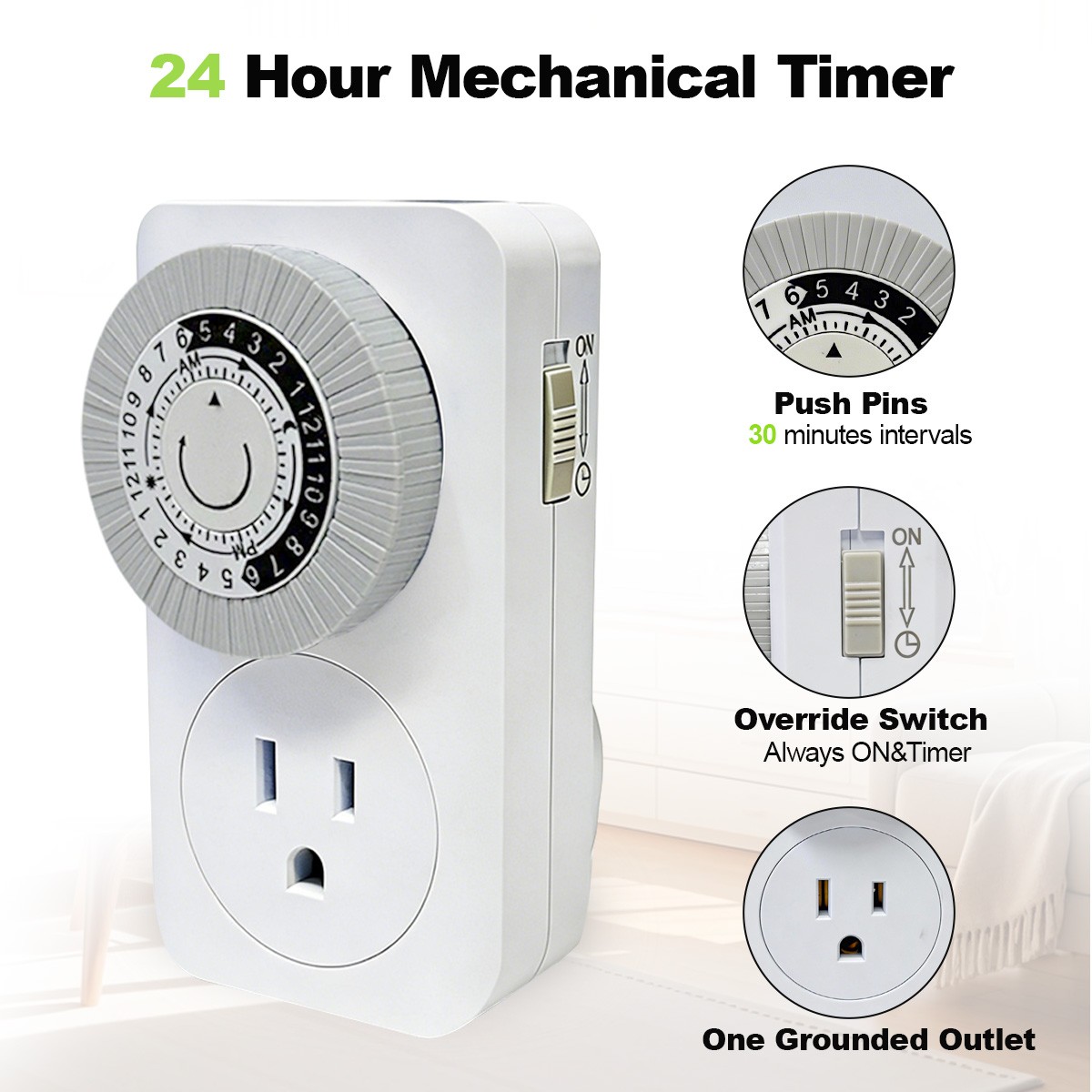 2 Pack Indoor 24-Hour Mechanical Outlet Timer Plug Indoor 2 or 3 Prong
