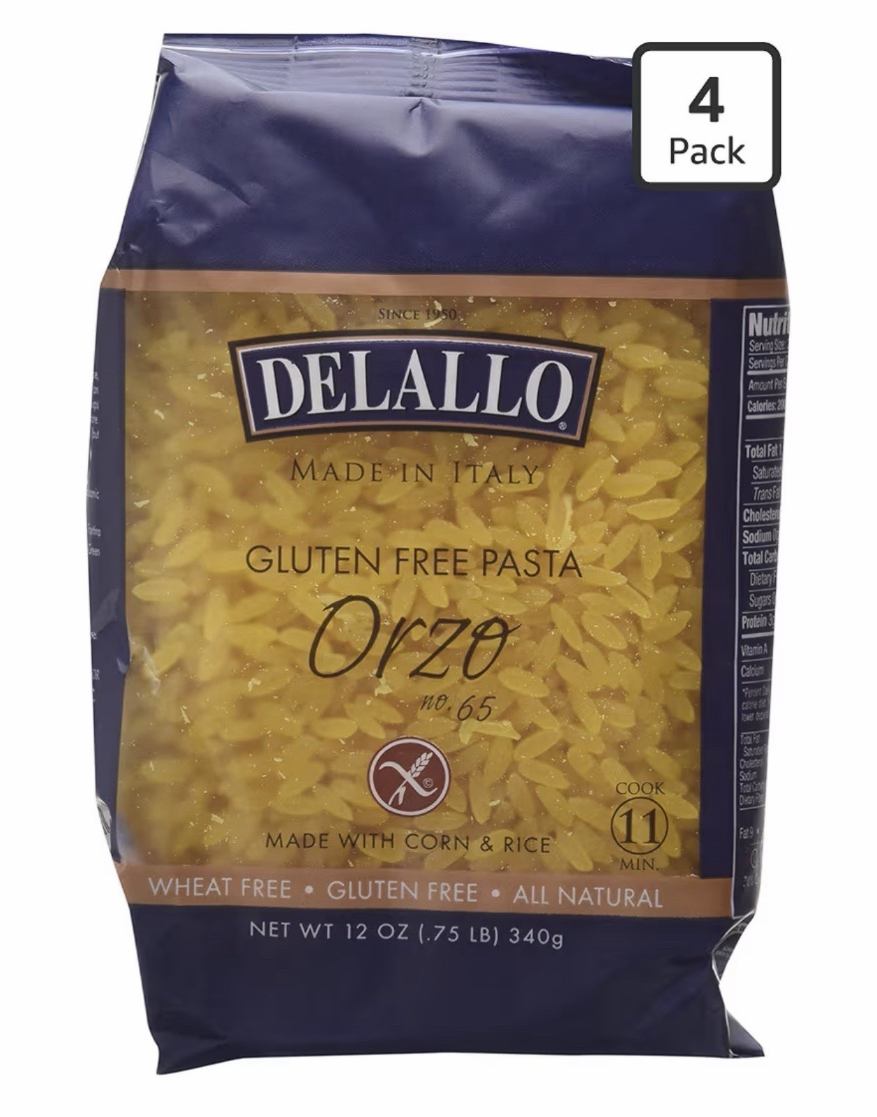 DeLallo Gluten Free Orzo Pasta 12 oz (Pack of 4) Corn & Rice Made in Italy