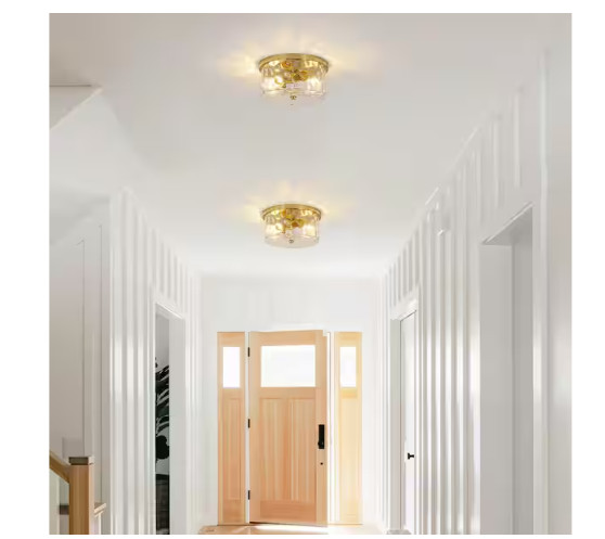LamQee 9.8 in. 2-Light Gold Flush Mount Ceiling Light with Clear Hammered Glass