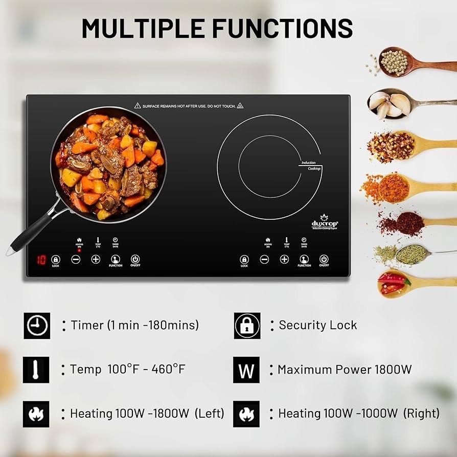 Duxtop 1800W Induction Cooktop 2 Burner Portable Touch Control Timer