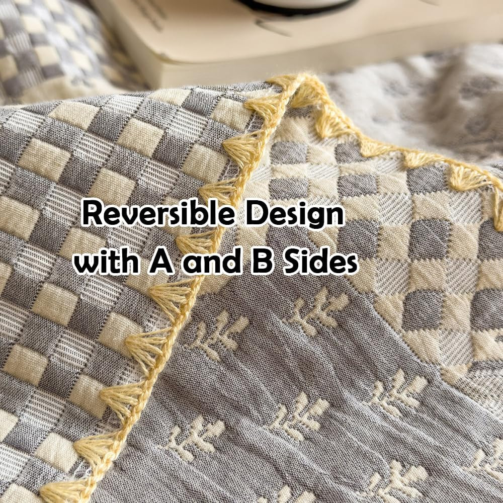 Reversible Cotton Muslin Blanket – Lightweight Grey Patchwork 80×90 In