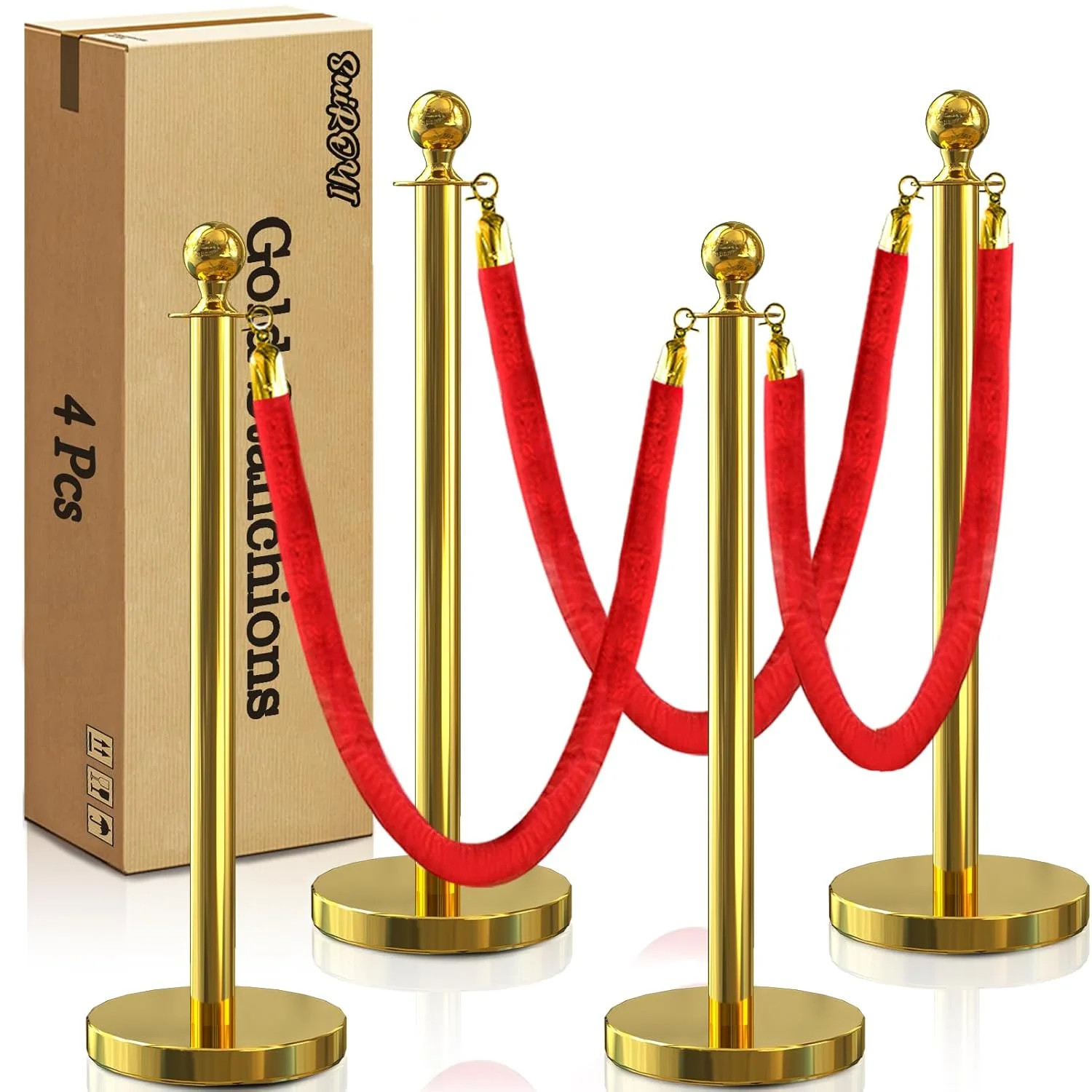 4 Pcs Gold Stanchions with Velvet Ropes with 3 Pcs 5 Ft Red Velvet Ropes Carpet