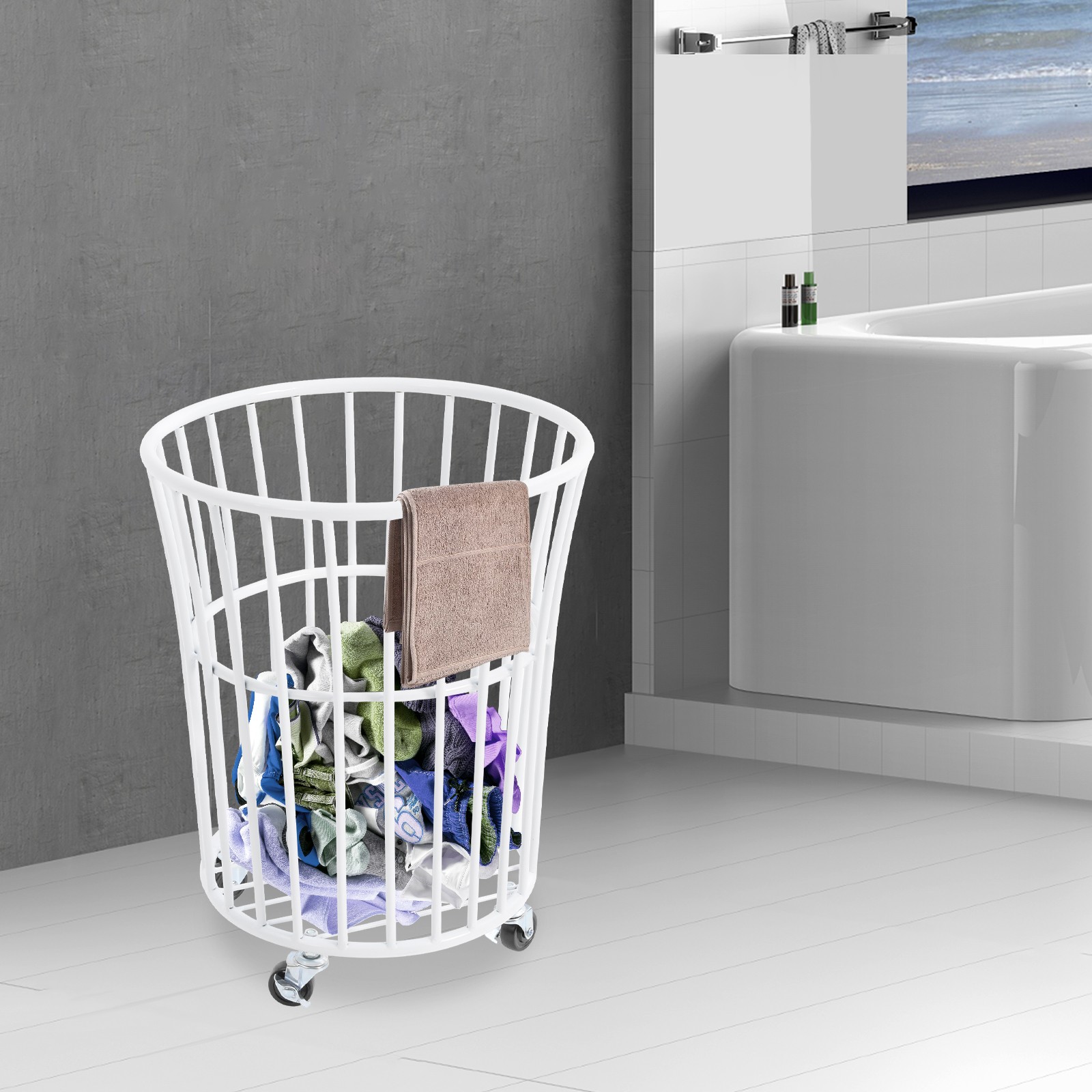 Metal Rolling Laundry Basket, 14.2*15.7in White Laundry Basket with Wheels