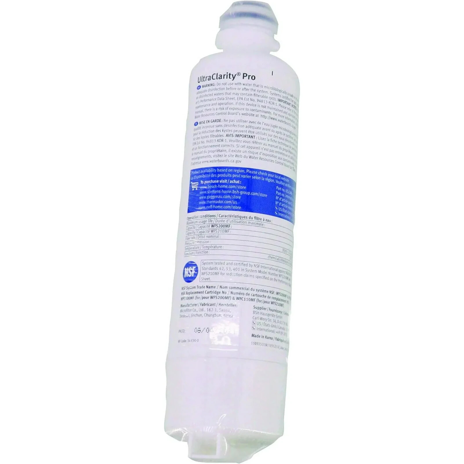 1 PACK Bosch Ultra Clarity Pro BORPLFTR50 Water Filter Blue #WFS200MF/WFS210MF