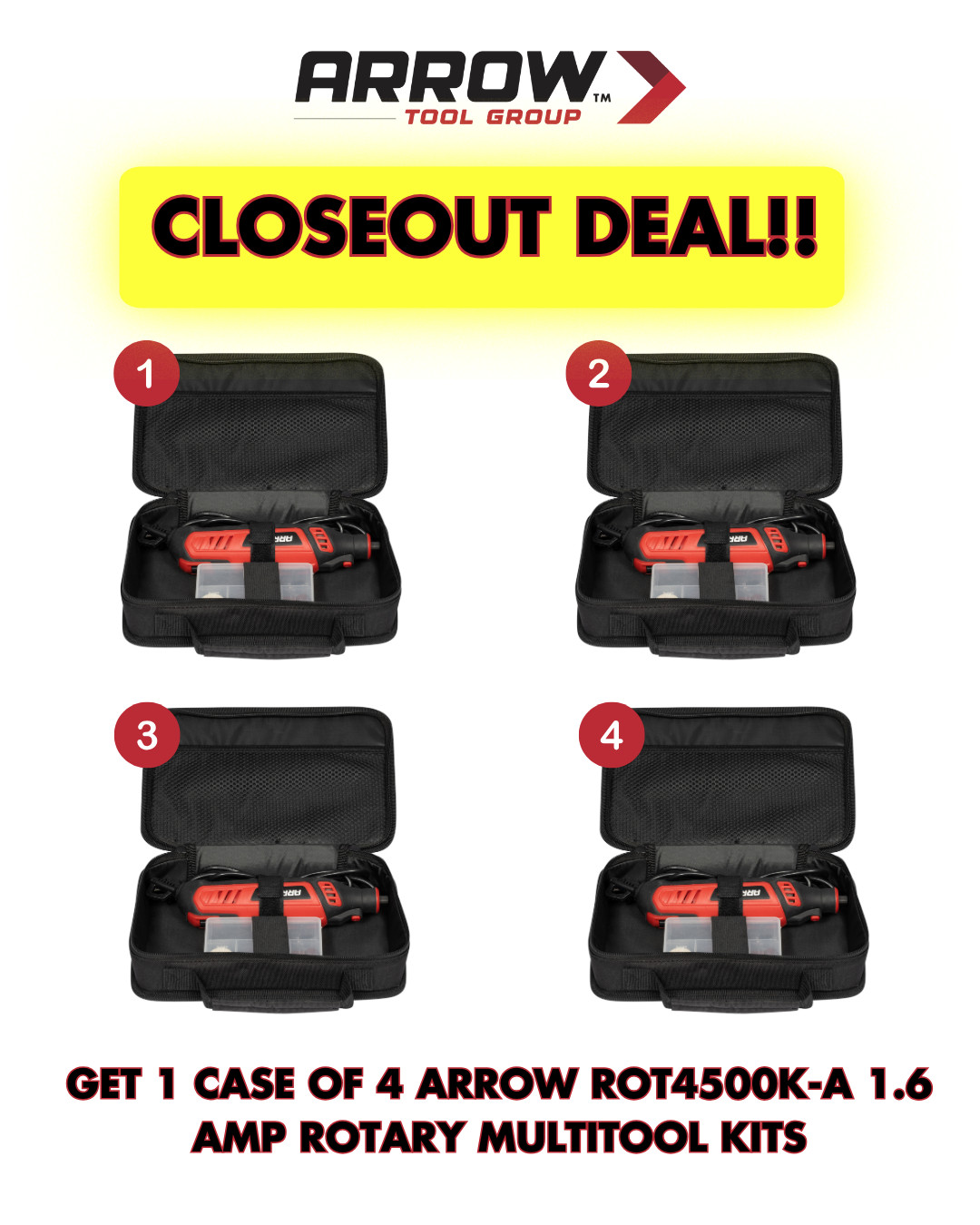1 CASE 0f 4 Arrow ROT4500K-A 1.6 AMP Rotary Multitool Kit