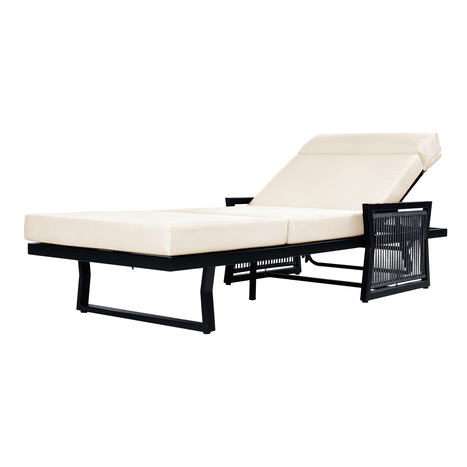 All-Black Chaise Lounge with 4″ Thick Beige Cushion, 400 lbs Capacity
