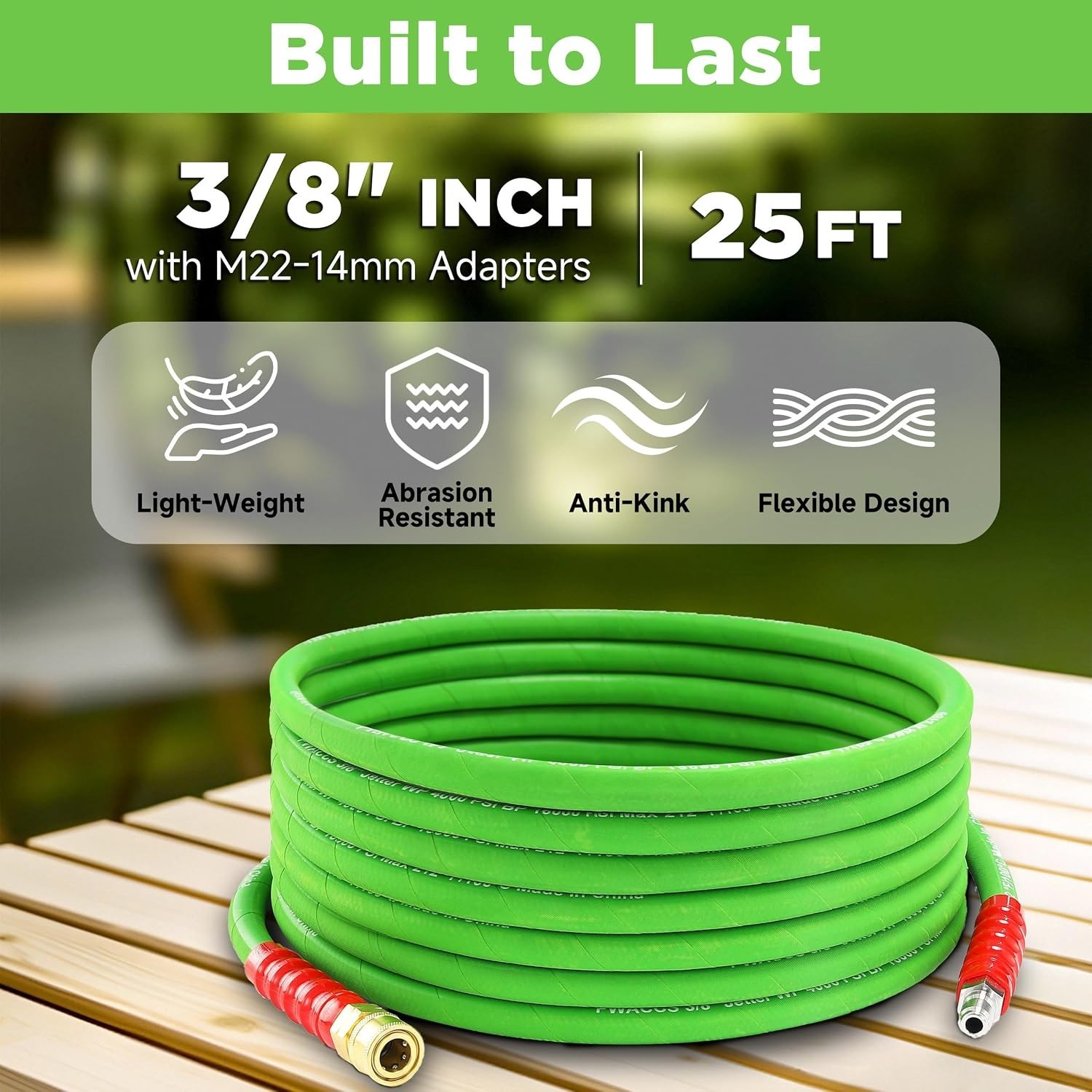 25FT Kink-Resistant Pressure Washer Hose – 3/8” 4000 PSI, Steel Braided Power