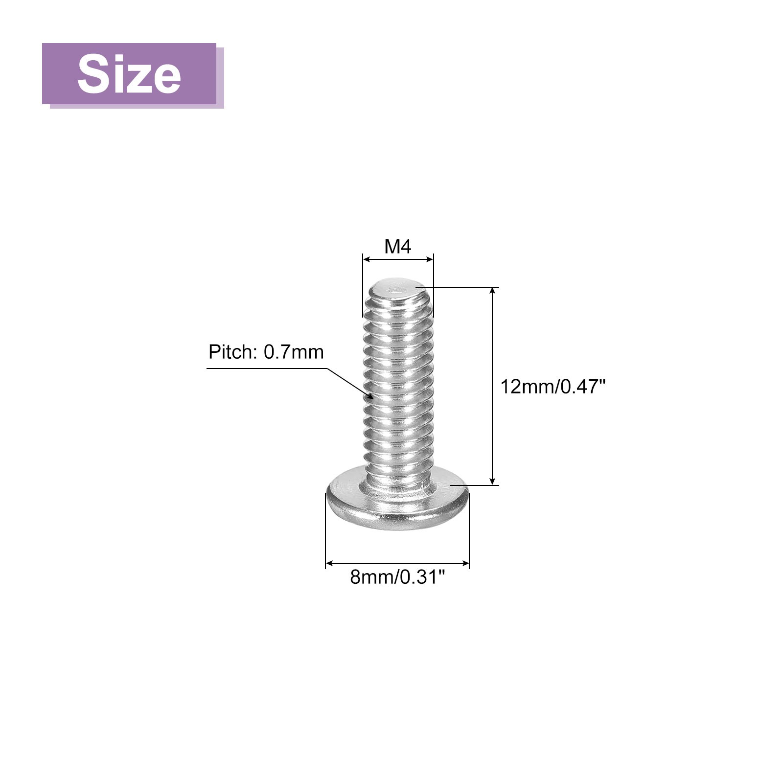 M4x12mm Flat Round Head Screws, 200Pcs 304 Stainless Steel, Bright Finish
