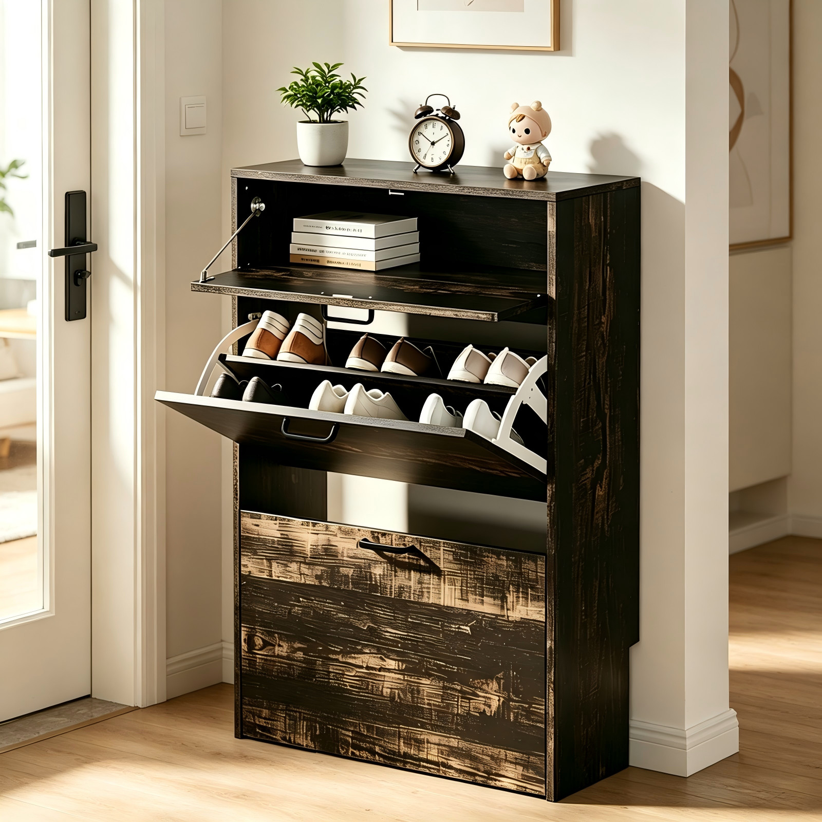 2-Door 1-Drawer MDF Shoe Cabinet 25*9.45*37in Black Oak