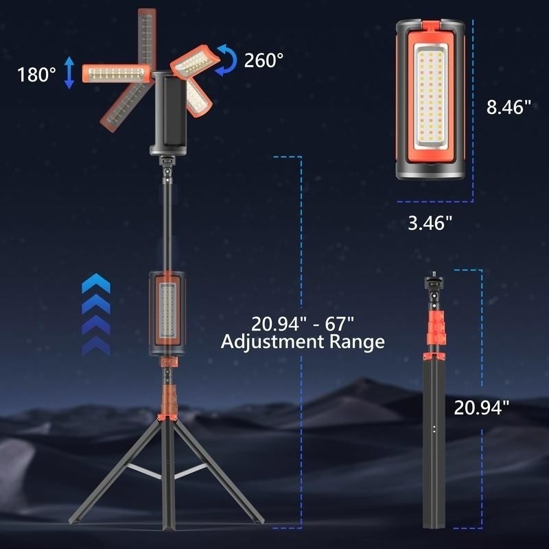 3-Head Rechargeable LED Camping Light 10000mAh, 67″ Adjustable Stand, Tripod