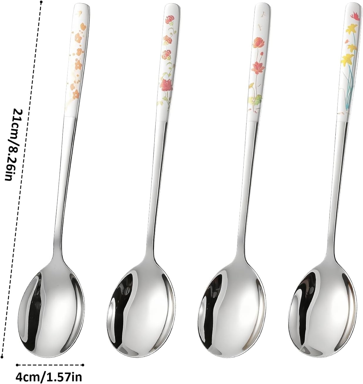 4pc Korean Soup Spoon Set 8″ Stainless Steel Long Handle Floral Engraved Spoons