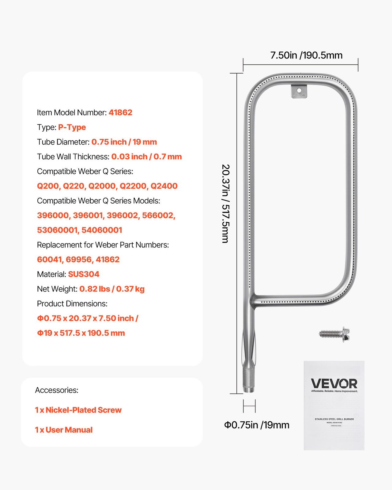 VEVOR Stainless Steel Tube Burner for Weber Q200 Q220 Q2000 Q2200 Q2400 Grills